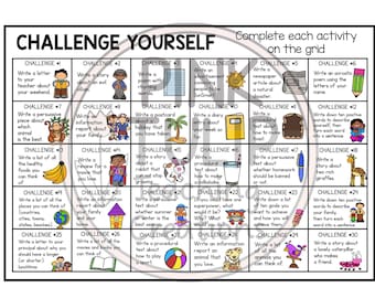 May include: A colorful chart with 30 writing challenges for kids. Each challenge is represented by a square with an icon and a short description. The chart is titled "Challenge Yourself".