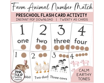 Number Matching Flash Cards - Farm Animal Theme