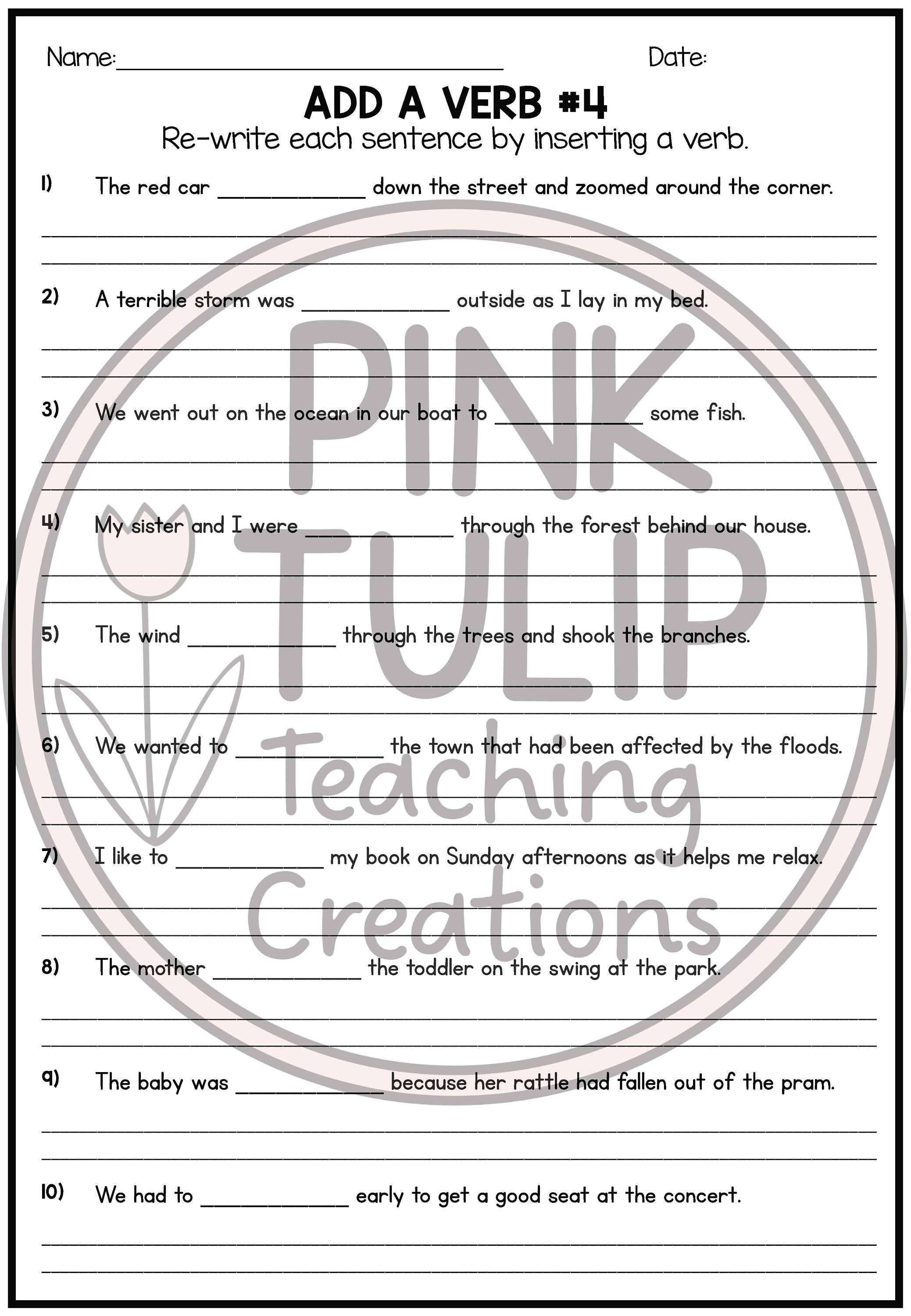 Add A Verb to the Sentences - Fill in the Blanks Worksheet Pack - Etsy