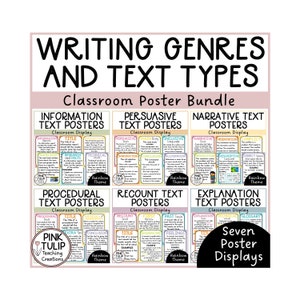 May include: Seven colorful classroom posters for teaching writing genres and text types. Each poster features a different genre or text type, including information, persuasive, narrative, procedural, recount, and explanation. The posters are designed with a rainbow theme and include key features and examples for each genre.