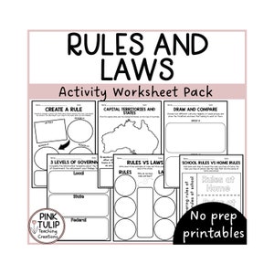 May include: Black and white printable worksheets for teaching about rules and laws. The worksheets include activities like creating a rule, identifying capital territories and states on a map of Australia, comparing and contrasting rules and laws, and identifying different levels of government. The worksheets are labeled "No prep printables".