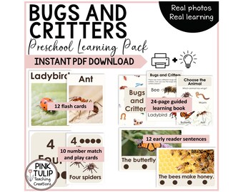 Preschool Bugs and Critters Activity Bundle | Printable Workbook, Flash Cards and Early Learning Printables