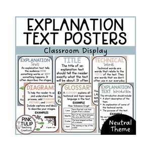 May include: A set of printable posters for classroom display, with a neutral color scheme. The posters provide information about different types of explanation texts, including titles, diagrams, glossaries, technical words, and introductions. The posters feature examples and definitions of key terms.