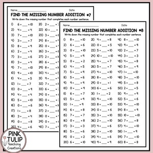 Missing Number up to 10 Addition Worksheets - Mental Math or Early ...