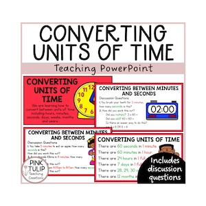 Puede incluir: Una presentación de PowerPoint colorida titulada "Conversión de unidades de tiempo" con ilustraciones de relojes y un temporizador digital. La presentación incluye preguntas de discusión sobre la conversión entre minutos y segundos, y unidades de tiempo como horas, días, semanas, meses y años.