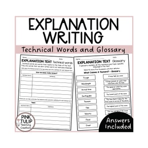 Puede incluir: Hoja de trabajo imprimible en blanco y negro para enseñar escritura técnica. La hoja de trabajo incluye dos secciones: "Texto explicativo Palabras técnicas" y "Glosario de texto explicativo". La primera sección pide a los estudiantes que definan palabras técnicas relacionadas con el tema "¿Cómo hacen miel las abejas?" La segunda sección pide a los estudiantes que emparejen los términos de un glosario con sus definiciones. Los términos del glosario están relacionados con el tema "¿Qué causa un tsunami?"