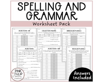 May include: A black and white worksheet pack for spelling and grammar. The worksheets include activities for adjectives, collective nouns, irregular plurals, and regular plurals. The worksheets are designed for elementary school students.