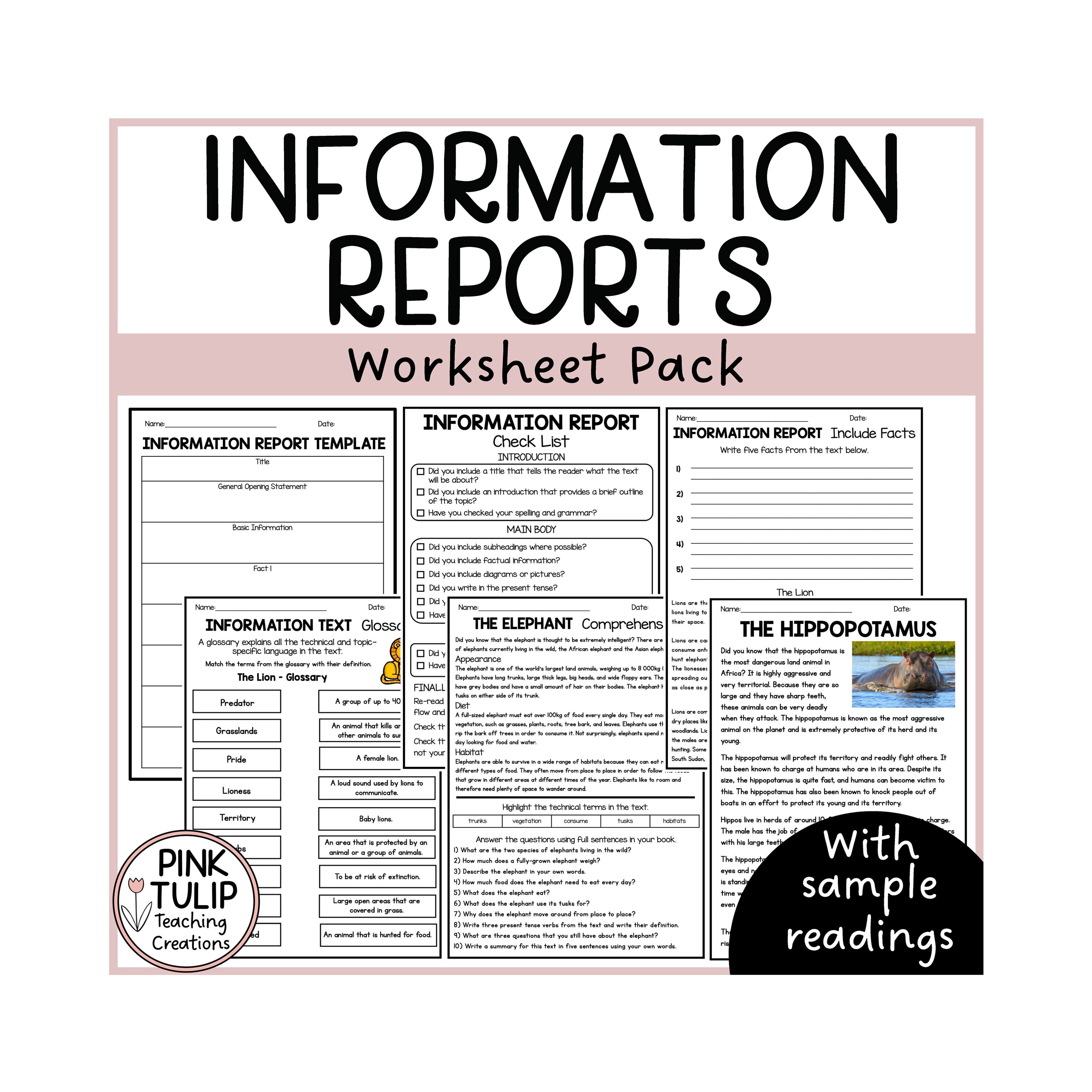 Information text reading and writing worksheet pack no prep lesson