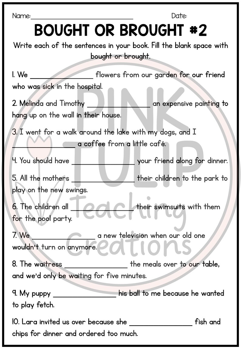 Bought or Brought Grammar Worksheets Etsy