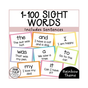 Tarjetas de palabras visuales 1-100 palabras de alta frecuencia con oraciones