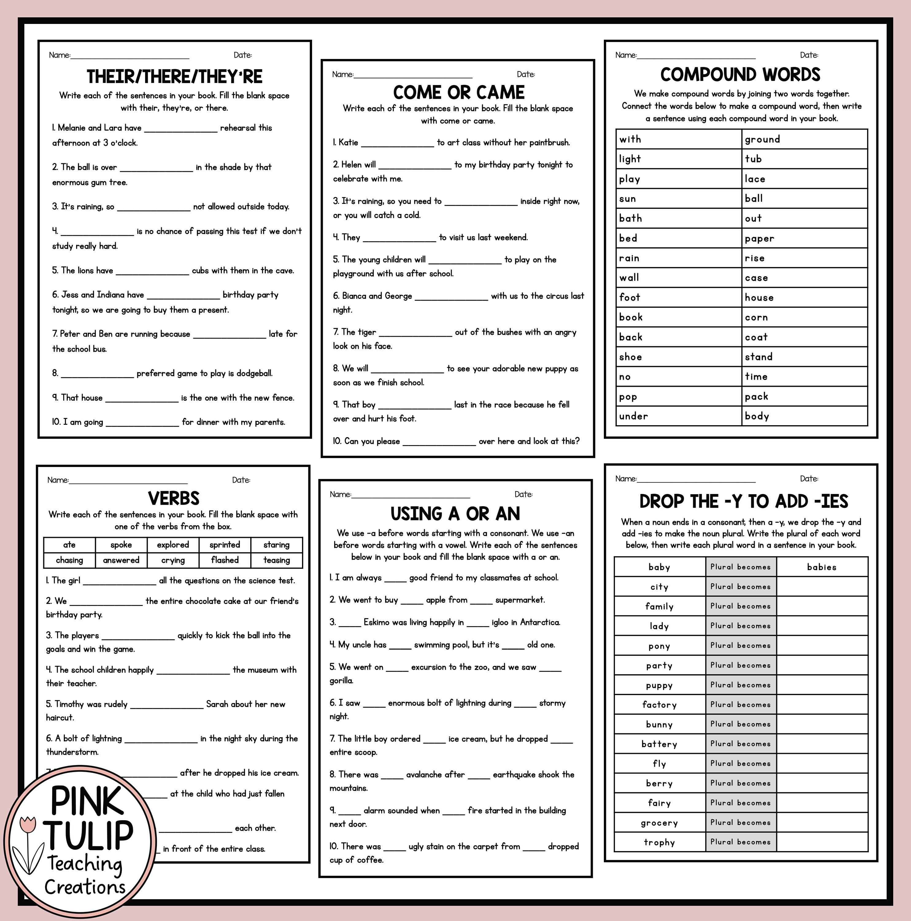 English, Spelling, and Grammar - Worksheet Pack - Etsy