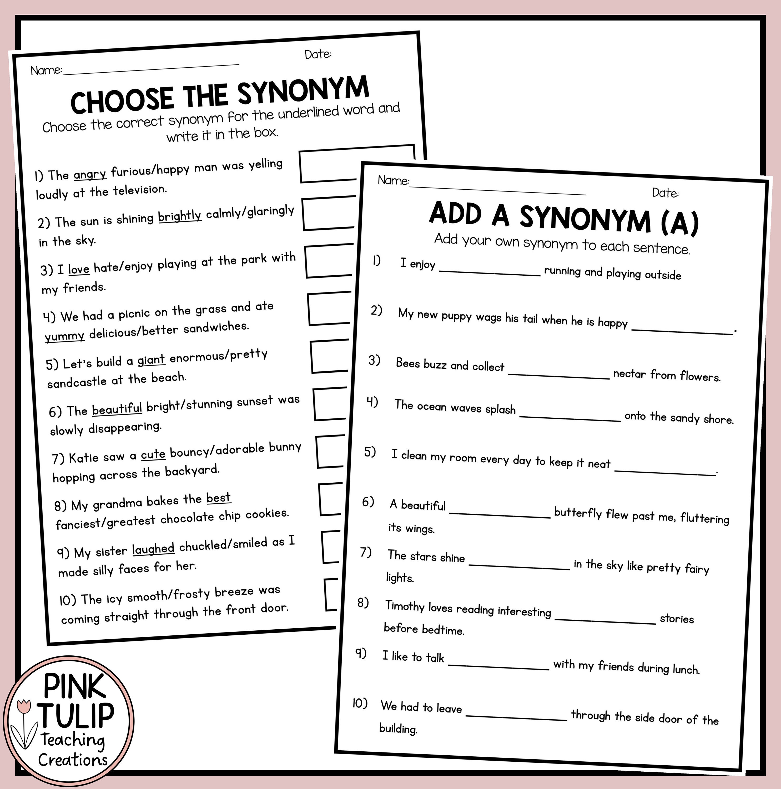Synonym Worksheet - error, picked, grinned, tune, saved, late and adore