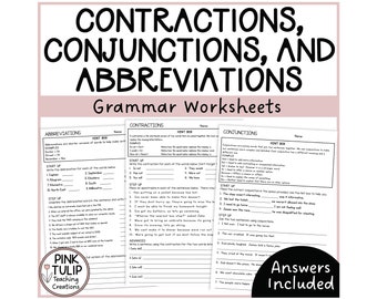 Contractions, Conjunctions, Abbreviations - Grammar Worksheets with Answers