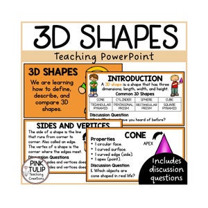 以下が含まれることがあります： 3D 形状に関するカラフルな PowerPoint プレゼンテーション。プレゼンテーションには、円錐、円柱、球体、立方体など、さまざまな 3D 形状のイラストが含まれています。プレゼンテーションには、さまざまな形状を定義および説明するテキストも含まれています。テキストには、「辺と頂点」と「特性」という言葉が含まれています。