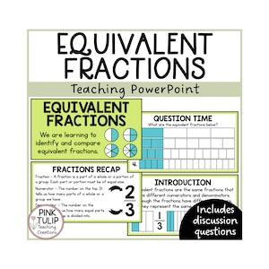 Puede incluir: Una diapositiva de presentación de PowerPoint colorida con el título "Fracciones equivalentes" y una ilustración gráfica de un círculo dividido en partes iguales. La diapositiva incluye una sección titulada "Resumen de fracciones" con una definición de fracción y una representación visual de la fracción 2/3. La diapositiva también incluye una sección titulada "Hora de preguntas" con una cuadrícula para que los estudiantes identifiquen fracciones equivalentes.
