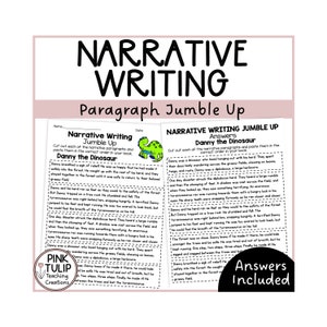 Op de afbeelding: Een printbaar werkblad voor een narratieve schrijfactiviteit. Het werkblad bevat een dinosaurus-illustratie en tekst die luidt "Narrative Writing Jumble Up: Danny the Dinosaur". De tekst instrueert leerlingen om elk van de narratieve alinea's uit te knippen en in de juiste volgorde in hun boek te plakken.