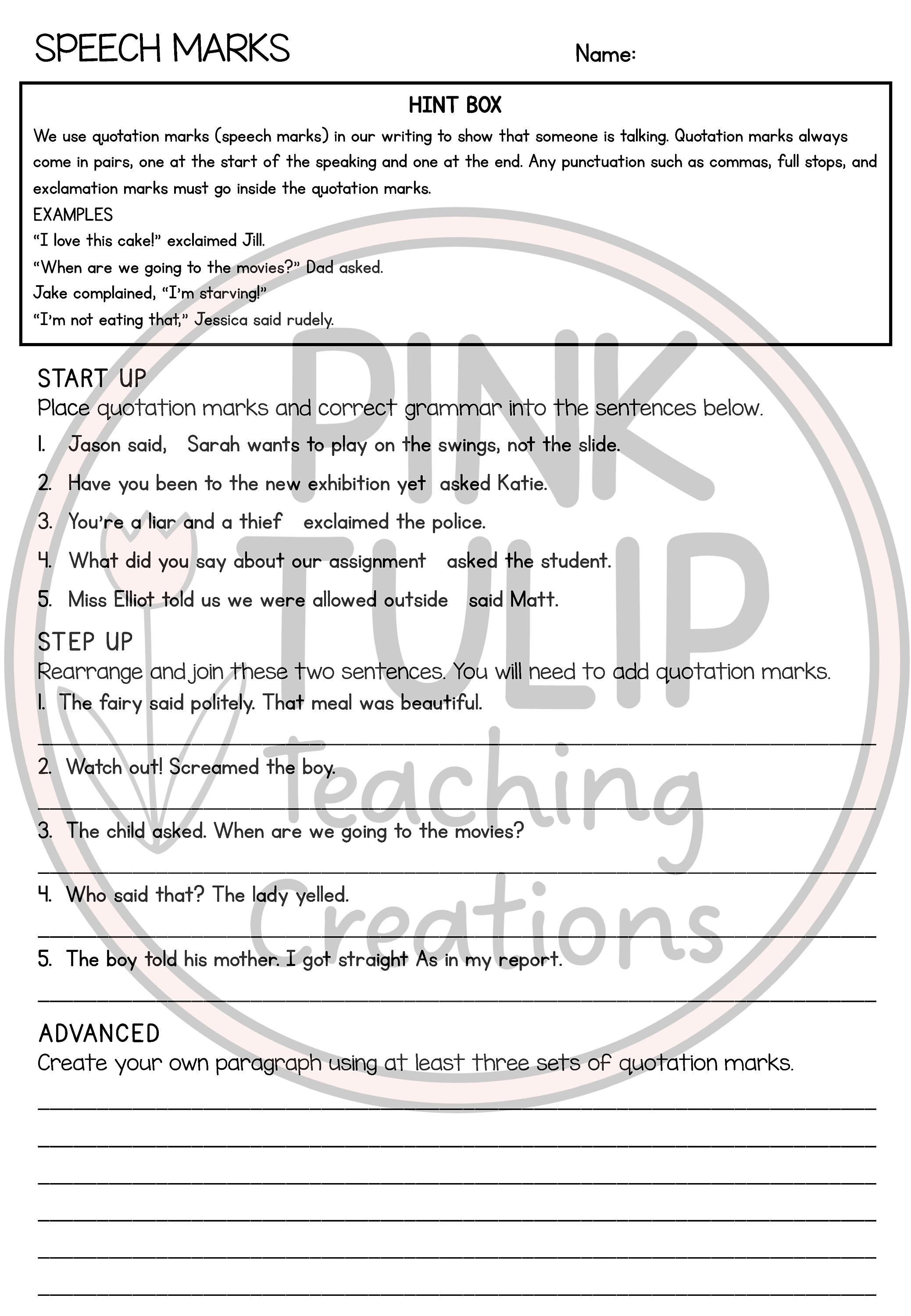 Apostrophes and Speech Marks - Grammar Worksheets With Answers - Etsy