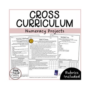May include: A pink and white worksheet with the title "Cross Curriculum Numeracy Projects". The worksheet includes three activities: "Planning a Birthday Party", "Open a Store", and "Number Fun". Each activity has a rubric for grading.