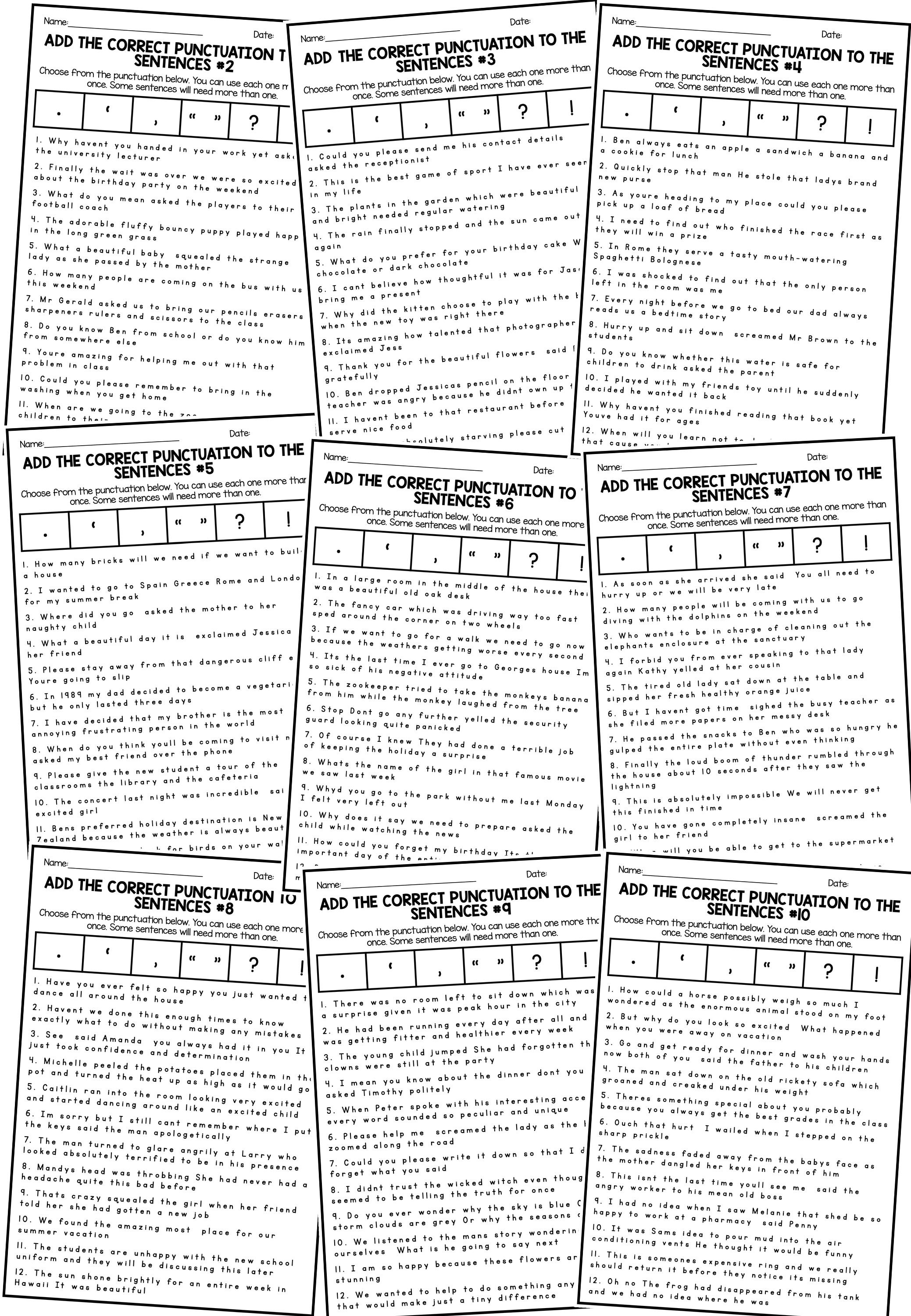 Add Punctuation to the Sentences - Worksheet Pack - Etsy
