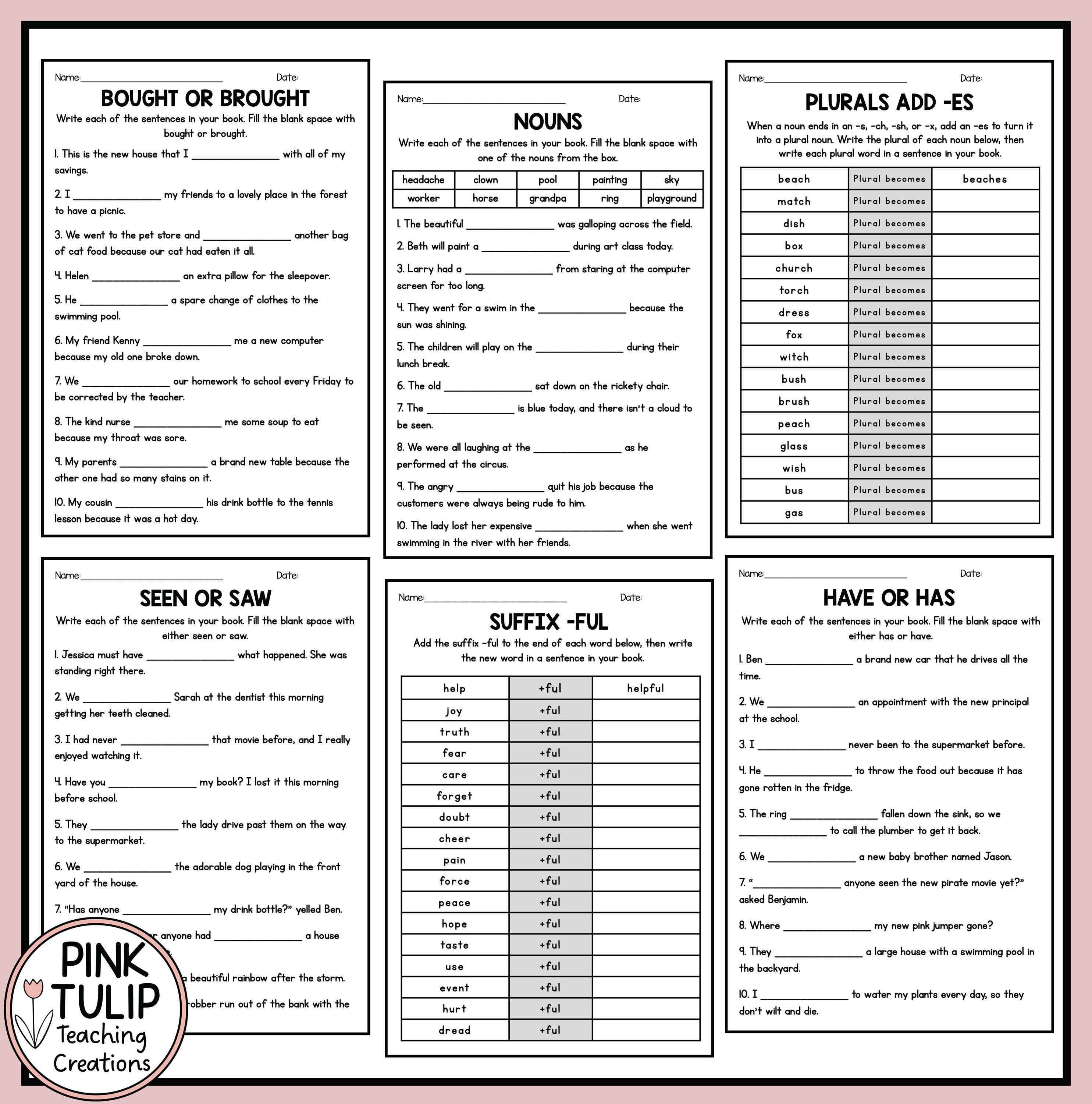 English, Spelling, and Grammar - Worksheet Pack - Etsy