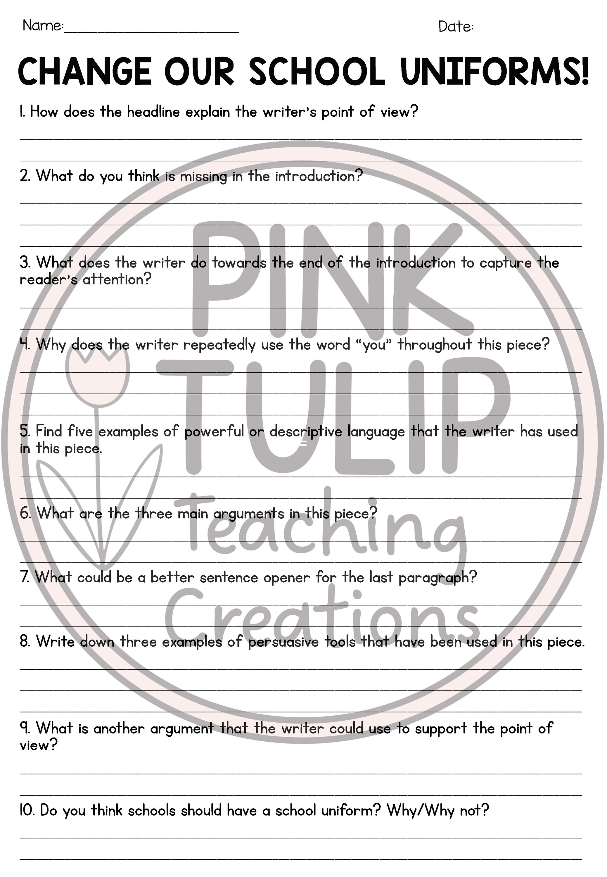 Persuasive Writing Comprehension Change Our School Uniforms Etsy