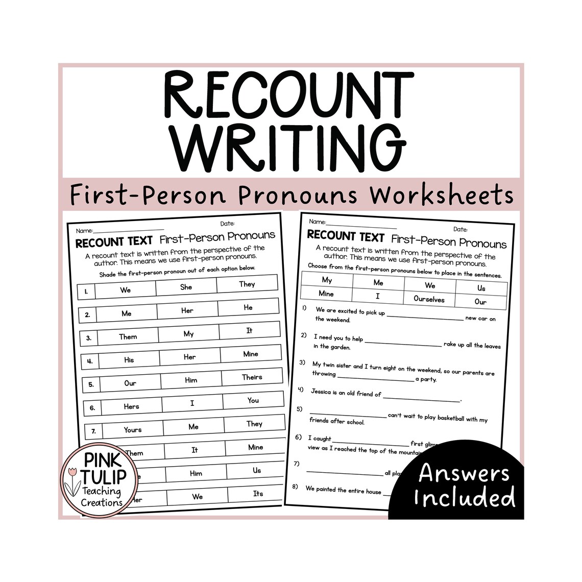 Recount Writing, First-person Pronouns Worksheets - Etsy