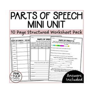 Parts of Speech Mini Unit - Structured Worksheet Pack