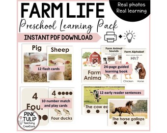 Preschool Farm Animals Activity Bundle | Printable Workbook, Flash Cards and Early Learning Printables