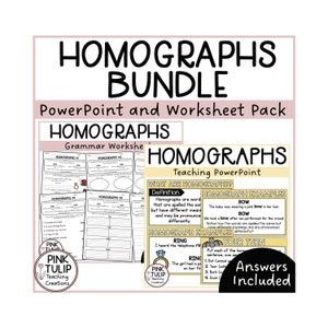 May include: A printable resource pack for teaching homographs. The pack includes a PowerPoint presentation and worksheets. The cover image features the words "Homographs Bundle" in black text on a pink background. The text "PowerPoint and Worksheet Pack" is below the title. The image also includes a sample worksheet and a sample PowerPoint slide.