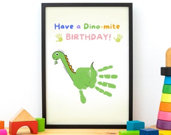 Dino-mite birthday card for kids, handprint keepsake, digital download, dino greeting card, boy birthday card