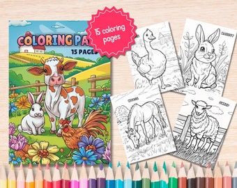 Páginas para colorear de granja, Libro para colorear para niños, Fiesta de cumpleaños de granja, Hoja de actividades de animales, Juegos de baby shower, Descarga digital
