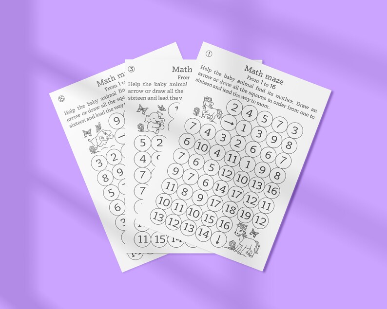 May include: Black and white printable worksheet with three math problems for kids. The first problem is a maze with numbers 1 to 16. The second problem is a number puzzle with numbers 1 to 16. The third problem is a number puzzle with numbers 1 to 16.