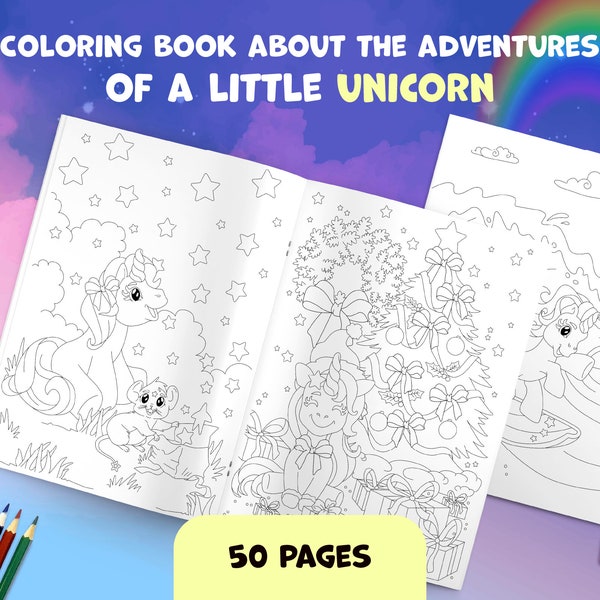 Unicorn coloring book, unicorn printable, cute coloring pages, coloring book pdf, total of 50 coloring