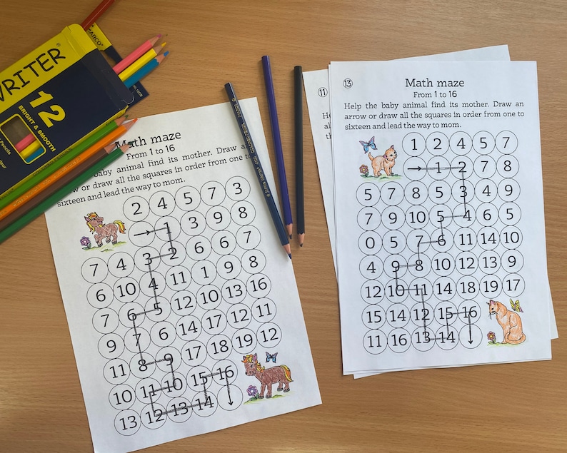 May include: Two black and white worksheets with the title "Math maze" and instructions to help a baby animal find its mother by drawing an arrow through the numbered squares in order from 1 to 16. The first worksheet features a pony and the second worksheet features a cat.