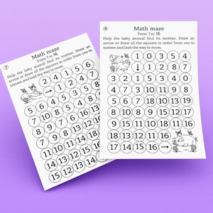 May include: Two black and white worksheets with a math maze for kids. The mazes feature a baby animal trying to find its mother. The mazes are numbered from 1 to 16. The instructions are to draw an arrow or draw all the squares in order from one to sixteen and lead the way to mom.