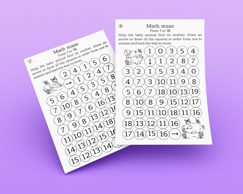 May include: Two black and white worksheets with a math maze for kids. The mazes feature a baby animal trying to find its mother. The mazes are numbered from 1 to 16. The instructions are to draw an arrow or draw all the squares in order from one to sixteen and lead the way to mom.