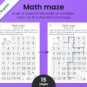 May include: Black and white printable math maze worksheet for kids. The worksheet features a maze with numbers 1 to 16. The goal is to help the baby animal find its mother by drawing an arrow or connecting the squares in order from one to sixteen.