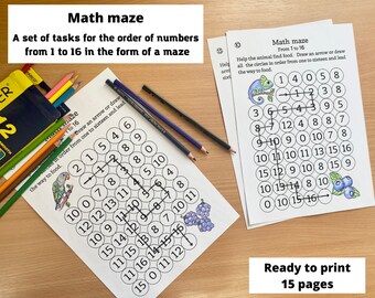 Math maze, preschool math, preschool worksheets, math practice, preschool activities, number practice.