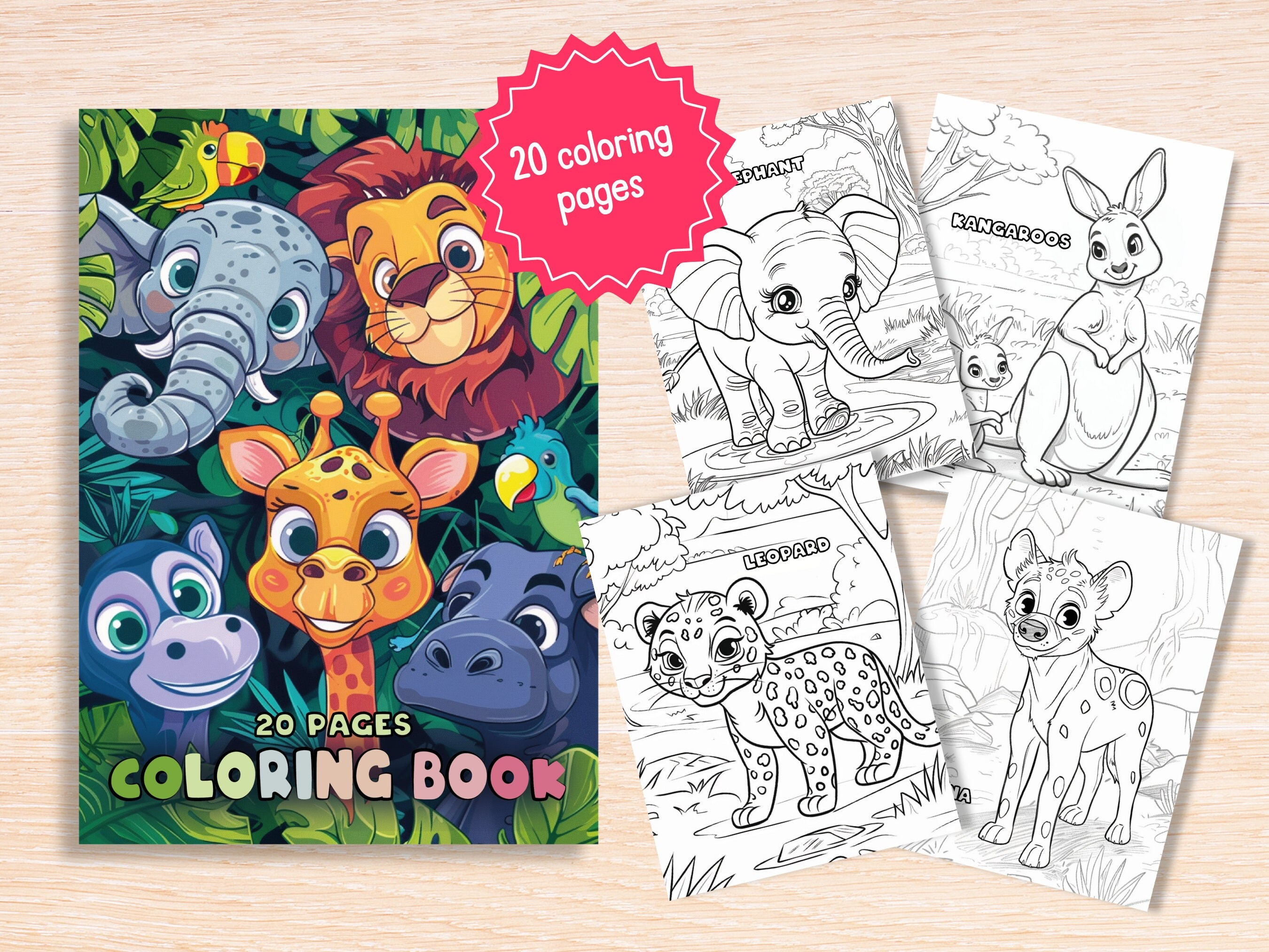Printable Wild Safari Animals Coloring Book, 20 Coloring Pages, Kids