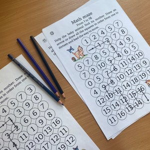 May include: Two black and white worksheets with a math maze for kids. The mazes feature numbers 1 to 16 in circles. The instructions ask the child to draw an arrow or line to connect the numbers in order from 1 to 16 to help the baby animal find its mother.