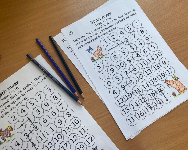 May include: Two black and white worksheets with a math maze for kids. The mazes feature numbers 1 to 16 in circles. The instructions ask the child to draw an arrow or line to connect the numbers in order from 1 to 16 to help the baby animal find its mother.