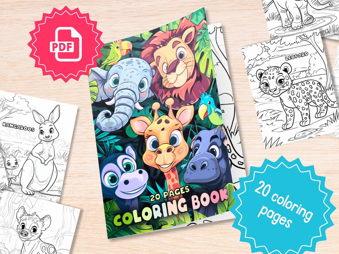 Printable Wild Safari Animals Coloring Book, 20 Coloring Pages, Kids