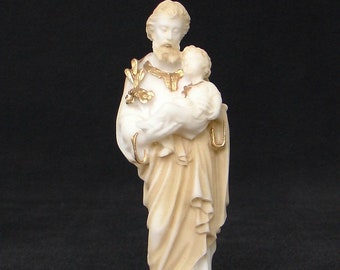 Saint Joseph holding baby Jesus in his both hands made of Alabaster 14cm gold