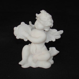 Angel playing tabor statue made of Alabaster 9cm white