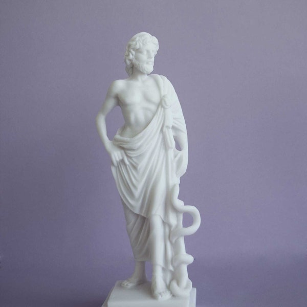 Asclepius Greek statue with his serpent-entwined staff 16cm white