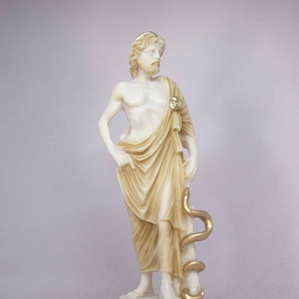 Asclepius Greek statue with his serpent-entwined staff 16cm gold