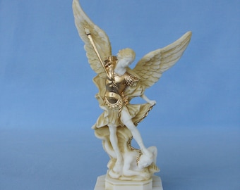 Saint Michael statue tramples Satan made of Alabaster 23cm gold