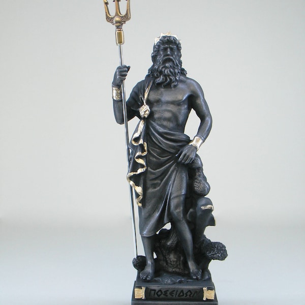 Poseidon statue Greek God made of Alabaster gold black 16cm-18cm