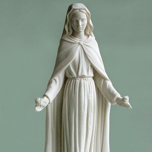 Virgin Mary holding flowers statue made of Alabaster 43cm white