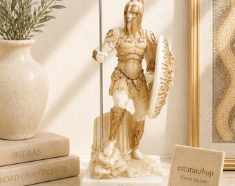 Estátua clássica de Ares em pé com sua lança e escudo, 18 cm, cor pátina.